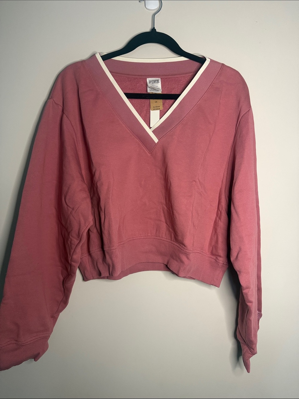 PINK Victoria's Secret Rose V-Neck Cropped Pullover with White Trim